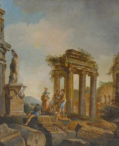 Attributed to Giovanni Pannini (1691-1765)Figures amongst ruins in a classical landscapeOil on canva