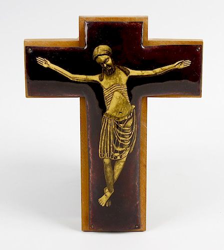 A Limoges enamelled plaque of crucifix form. Together with a Limoges plaque depicting the head of Je
