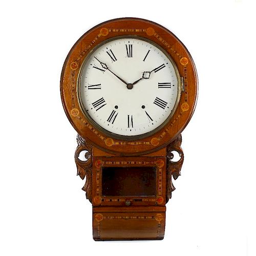 A late 19th century inlaid walnut drop dial wall clock. The white painted circular dial with black R