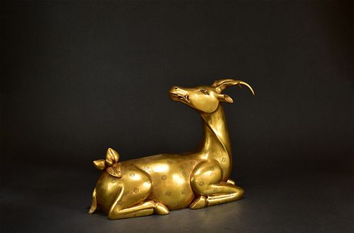 Gilt Bronze Deer and Lingzhi Ornament