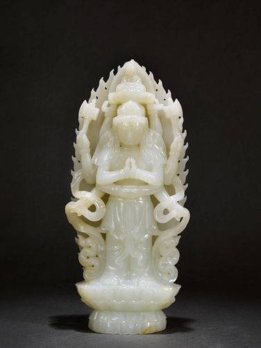 Carved Hetian Jade Figure of Six-Armed Avalokitesvara