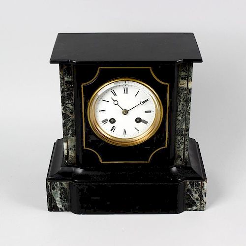 A late 19th century French black slate mantel clock. The 3.5 white Roman dial with Breguet dials, th