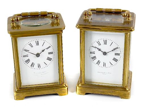 Two brass carriage clocks, each with corniche type case and single train time piece movement. One re
