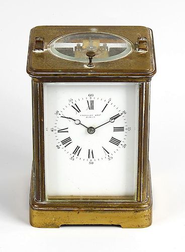 A late 19th century French brass carriage clock with push-repeat Retailed by Frengley Bros., Dublin,