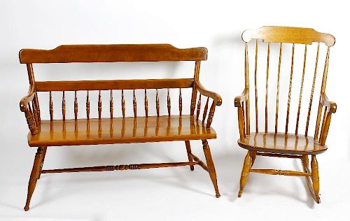 A group of American 'Ethan Allen' maple furniture. To include rocking chair, two seater settle or be