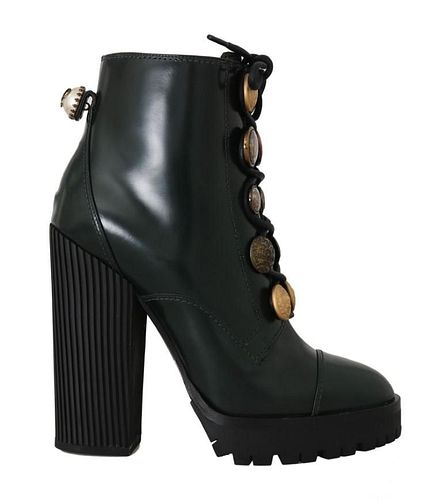 DOLCE & GABBANA GREEN LEATHER DG LOGO ANKLE BOOTS