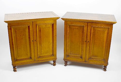 A fine pair of oak specimen cabinets. The plain rectangular top over twin doors, opening to reveal t
