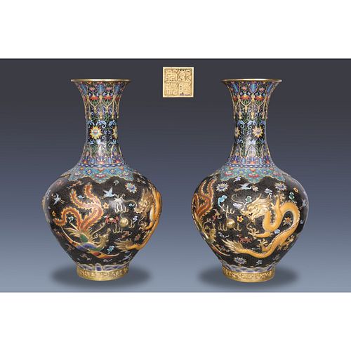Pair of Cloisonne Enamel Dragon and Phoenix Globular Vases
