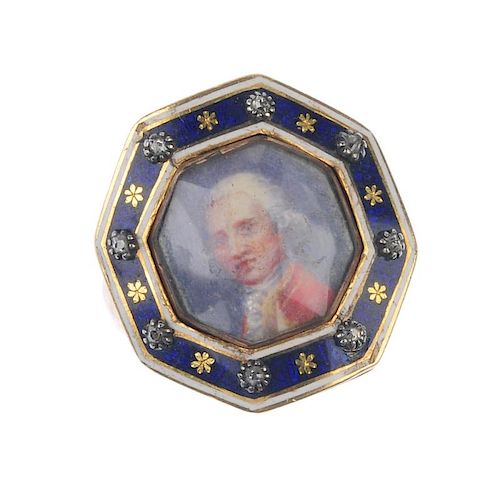 A George III Scottish enamel memorial ring. The octagonal blue and white enamel border with floral m