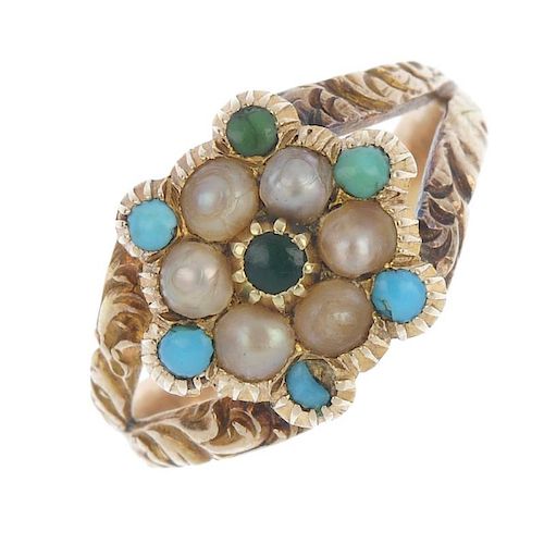 A mid-Victorian gem-set ring. Designed as a cluster of split pearls and turquoise cabochons, to the