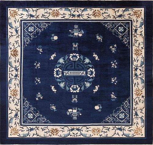 ANTIQUE CHINESE BLUE SQUARE ROOM SIZE RUG. 12 ft x 11 ft 6 in (3.66 m x 3.51 m).