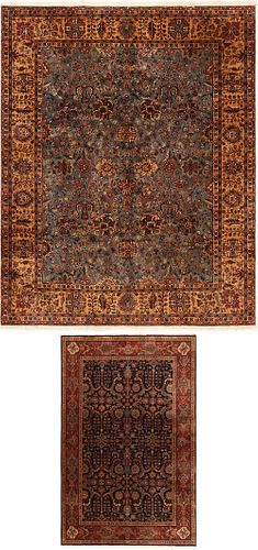 2 VINTAGE TABRIZ STYLE RUGS FROM INDIA. 9 ft 10 in x 8 ft (3 m x 2.44 m) + 6 ft x 4 ft (1.83 m x 1.22 m)