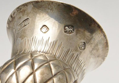 A 1970's silver spirit measure, of dual thistle form for single and double measures, hallmarked B S
