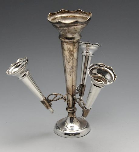 A 1920's silver epergne, the central tapering vase having scalloped rim leading to the knopped circu