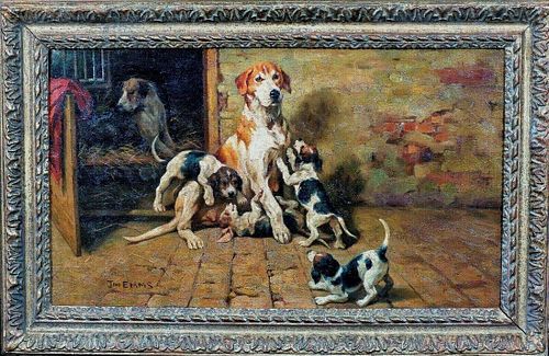 Foxhound Dog Mother & Puppies by John Emms (1844-1912)
