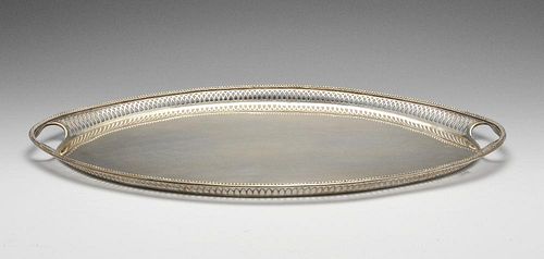A large silver plated tray of navette form, the raised pierced gallery with beaded rim, maximum leng