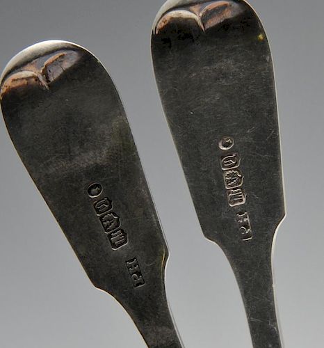 A set of six mid-Victorian Scottish silver Fiddle pattern teaspoons, having initialled terminals. Ha