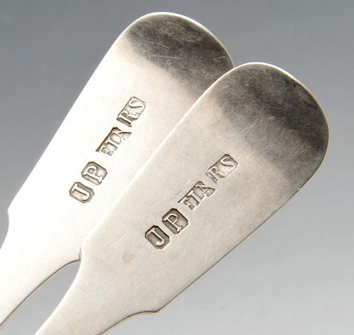 A part set of five Scottish provincial silver Fiddle pattern teaspoons, having initialled terminals,