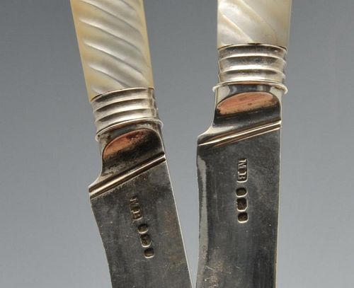 A cased composite set of twelve Georgian knives, having reeded mother-of-pearl mounted handles and s