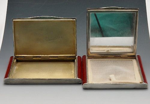 A 1930's matched silver compact and cigarette case, each with engine-turned decoration and terminals
