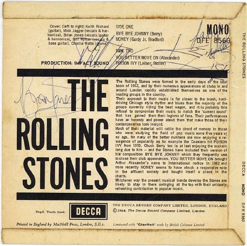 The Rolling Stones Signed Autographed 45 Debut EP Jones