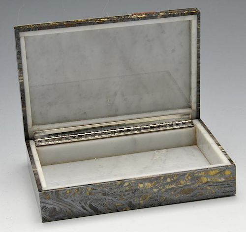 A 1930's ornamental marble box, the oblong form inlaid with jasper and silver. Signed to the inner h