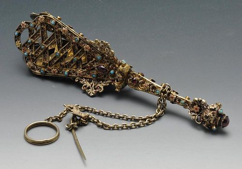 A nineteenth century cased gilt posy holder, the tapered interlaced openwork body with trefoil openi