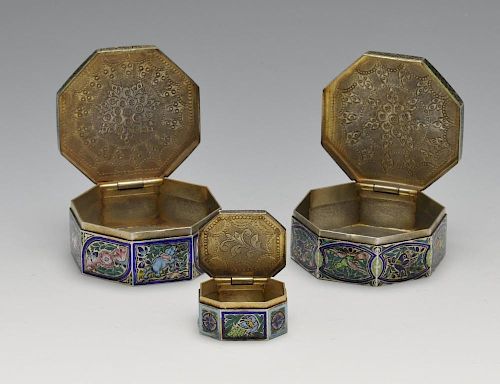 A selection of three similar Indian pandan or betel boxes, comprising an octagonal example set with