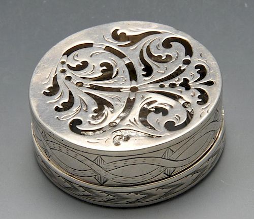 A continental pomander box, possibly nineteenth century, the circular form with engraved sides and f