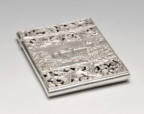 An early Victorian silver 'castle top' card case by Nathaniel Mills, decorated to the front with a v