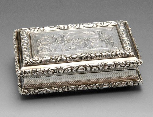 A William IV silver table snuff box, the oblong form with hinged cover engraved with a hunting scene