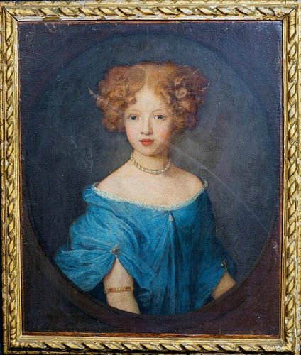 Portrait Of A Girl Blue Dress Antique