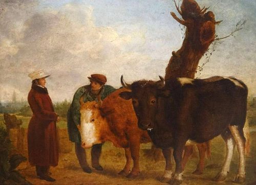 Bulls Farmer & Owner Landscape Antique Oil Painting