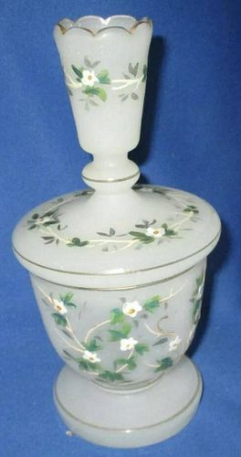 LARGE OPALINE GLASS JAR PAINTED WHITE FLOWERS WITH