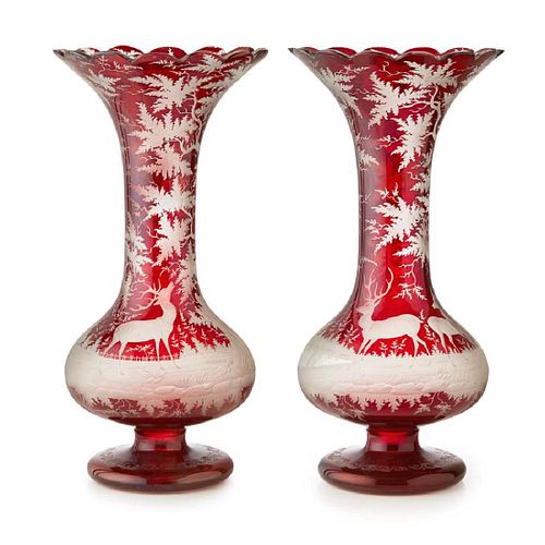 PAIR OF LARGE BOHEMIAN ENGRAVED GLASS VASES