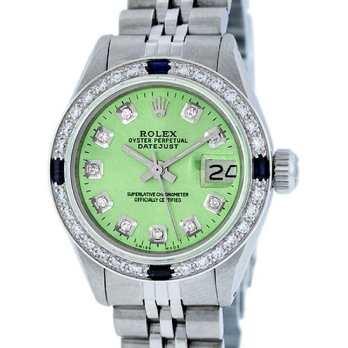 Rolex Ladies Datejust Watch SS & 18K White Gold Green