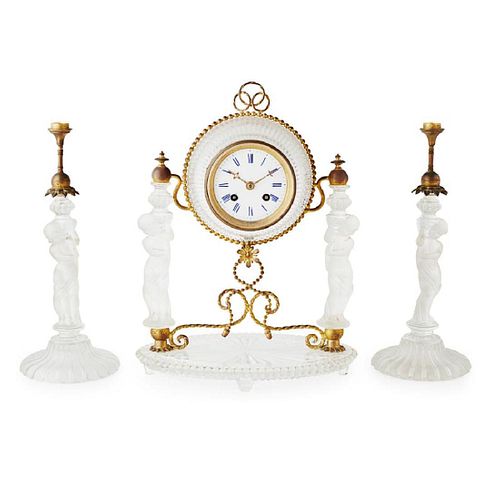 BACCARAT FROSTED AND MOULDED GLASS THREE-PIECE CLOCK