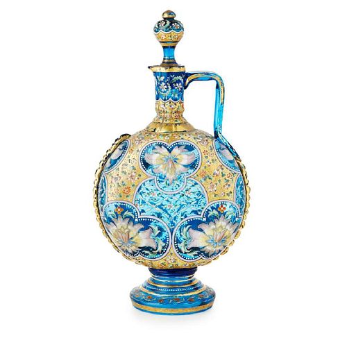 ENAMELLED GLASS EWER AND STOPPER, ATTRIBUTED TO MOSER