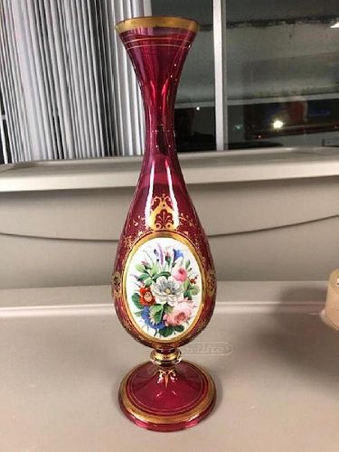 Large Bohemian RUBY Glass Vase with Flower Portrait
