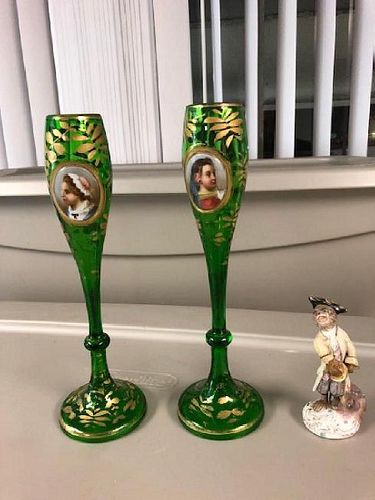 PAIR OF Bohemian GREEN VASES WITH PORTRAIT
