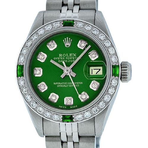 Rolex Ladies Datejust Watch SS/18K White Gold Green
