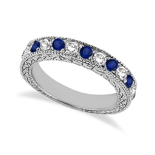 ANTIQUE DIAMOND & BLUE SAPPHIRE WEDDING RING 14KT WHITE