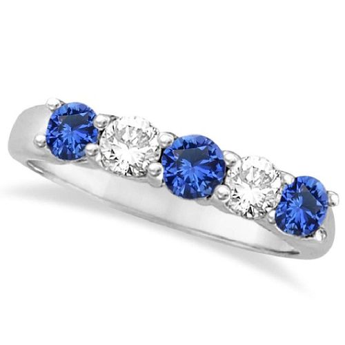 FIVE STONE BLUE SAPPHIRE & DIAMOND RING 14K WHITE GOLD