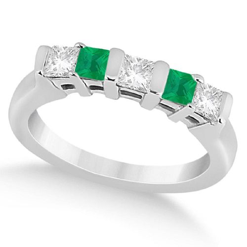 5 STONE DIAMOND & GREEN EMERALD PRINCESS RING 14K WHITE