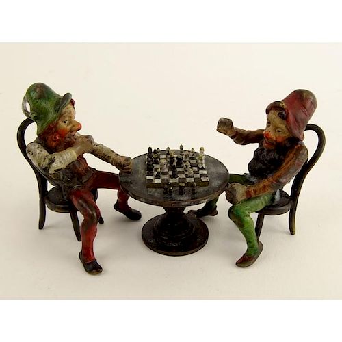 Early 20th Century Cold Painted Vienna Bronze Group "Gnomes Playing Chess"