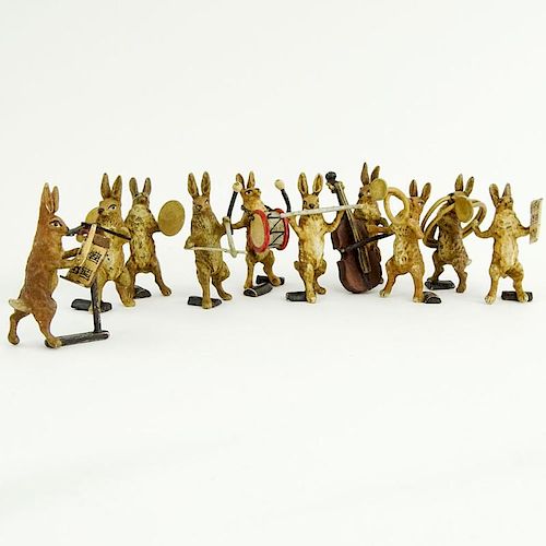 Early 20th Century Bergmann Cold Painted Vienna Bronze 10 Piece Miniature Rabbit Orchestra.