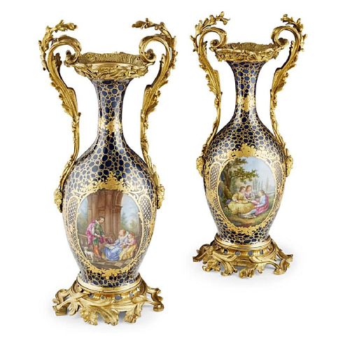 PAIR OF FRENCH GILT BRONZE MOUNTED PORCELAIN VASES,