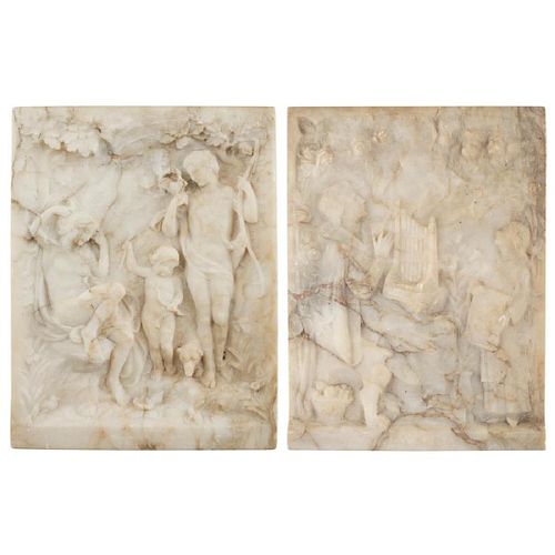 TWO CARVED ALABASTER RELIEF PANELS