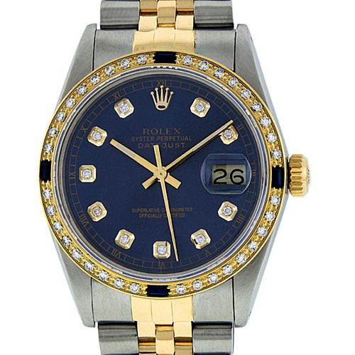 Rolex Mens Datejust Watch SS/18K Yellow Gold Blue