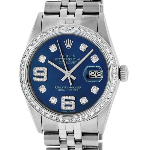 Rolex Mens Datejust Watch SS/18K White Gold Blue 6&9